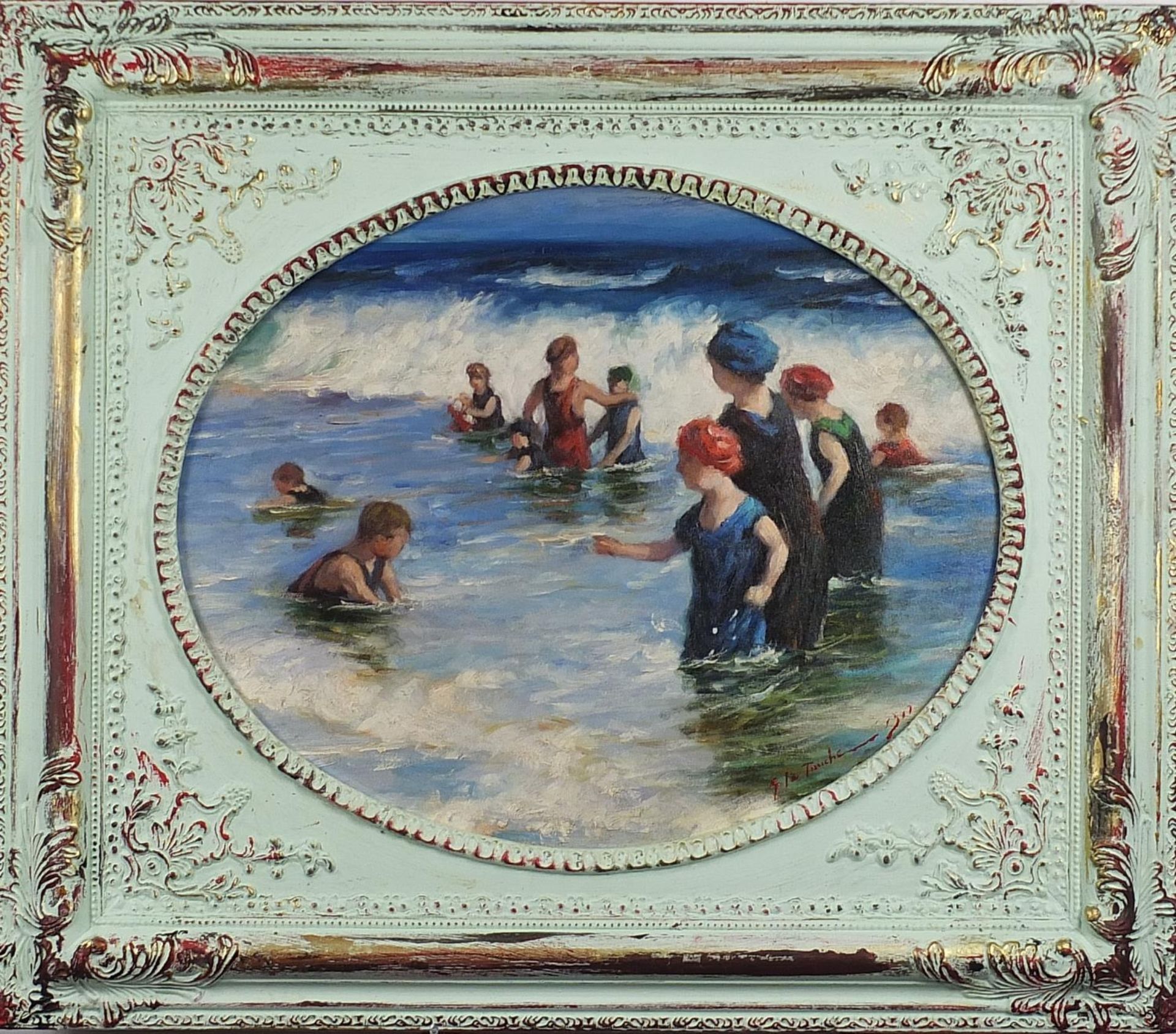 Figures bathing in the sea, Impressionist oval oil on board, mounted and framed, 51cm x 41cm - Image 2 of 5
