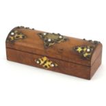 Victorian walnut dome top box with brass mounts and glass cabochons, 9cm H x 28cm W x 10.5cm D :