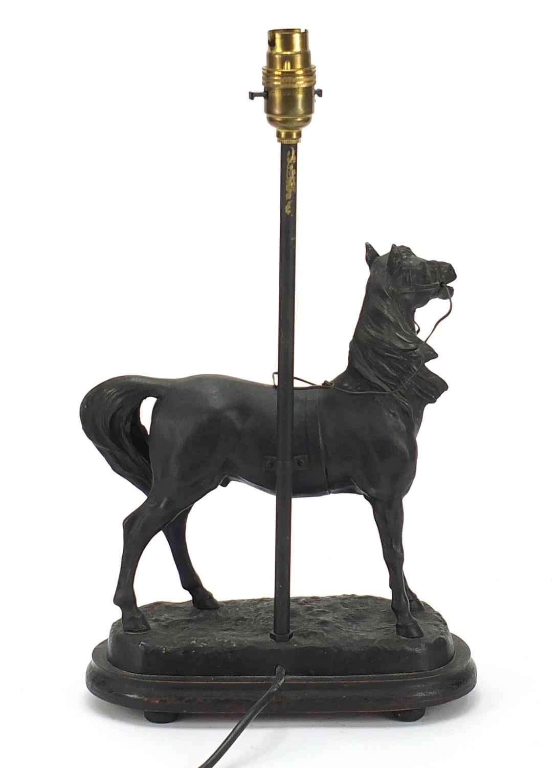 Patinated spelter horse design table lamp with ebonised base, 42cm high :For Further Condition - Image 4 of 5