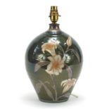 Jonathan Chiswell Jones, studio pottery lustre table lamp hand painted with flowers, 33cm high :