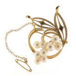 Mikimoto, 14ct gold floral pearl brooch, 4cm wide, 7.0g :For Further Condition Reports Please