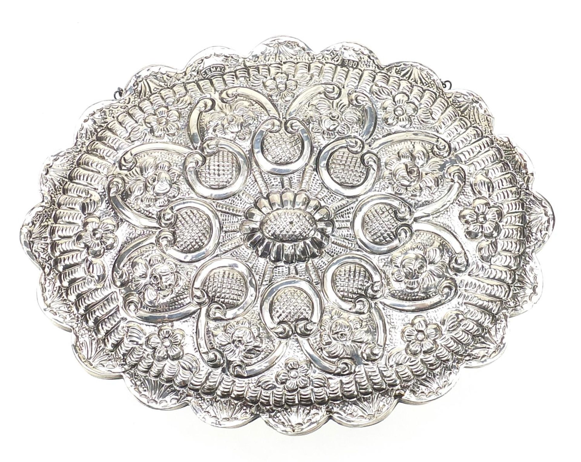 Turkish 900 grade silver mirror embossed with flowers, 20.5cm wide :For Further Condition Reports