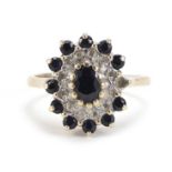 9ct gold sapphire and diamond cluster ring, size K, 3.0g :For Further Condition Reports Please Visit
