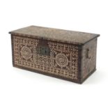 Antique Anglo Indian chest with mother of pearl inlay and iron mounts, 29cm H x 52.5cm W x 30cm D :