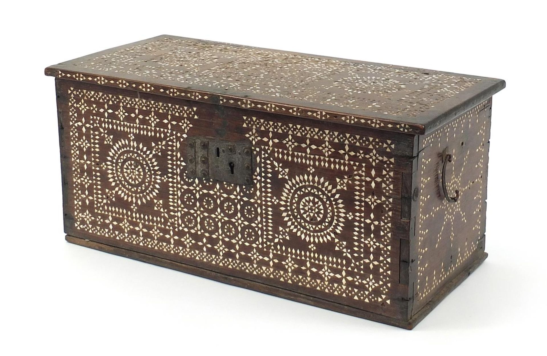 Antique Anglo Indian chest with mother of pearl inlay and iron mounts, 29cm H x 52.5cm W x 30cm D :