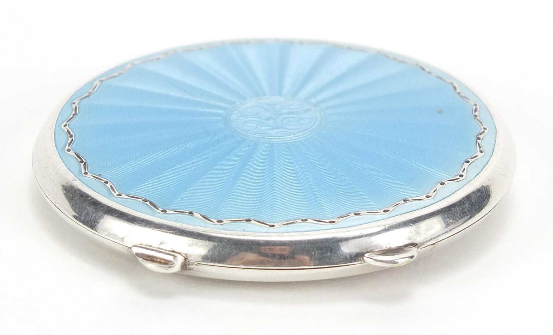 Joseph Gloster Ltd, unmarked silver and guilloche enamel compact, 6.8cm in diameter, 66.5g :For