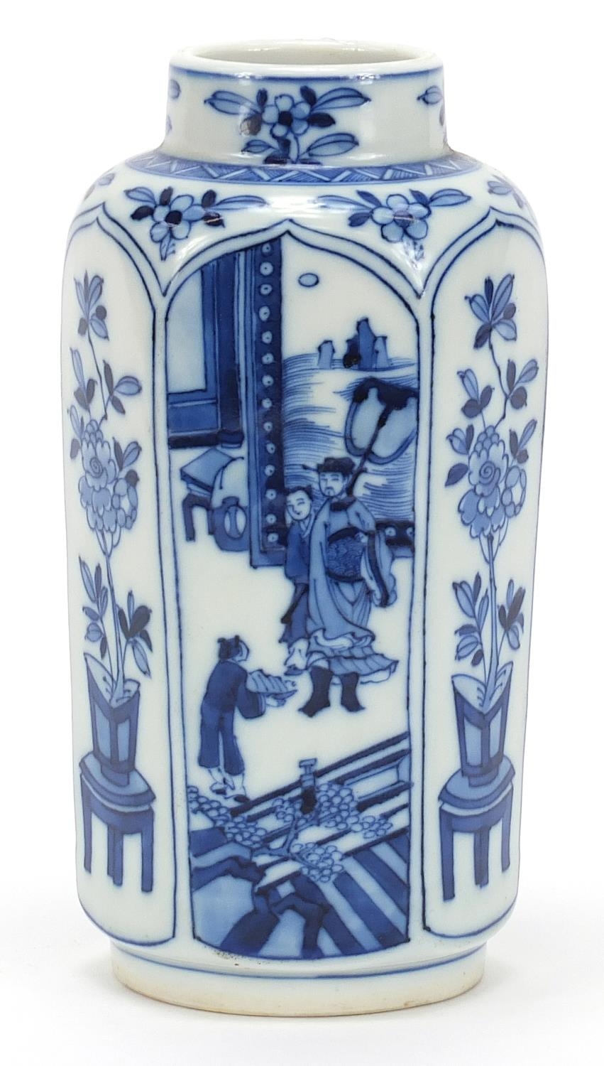 Chinese blue and white porcelain hexagonal vase hand painted with panels of figures and flowers,