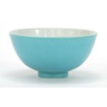 Chinese porcelain bowl having a monochrome turquoise glaze, six figure character marks to the