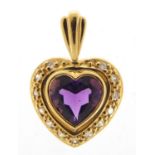 18ct gold diamond and amethyst love heart pendant, 1.8cm high, 2.4g :For Further Condition Reports
