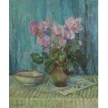 Mary Remington - Still life flowers in a vase with vessel, Scottish school oil on canvas, labels