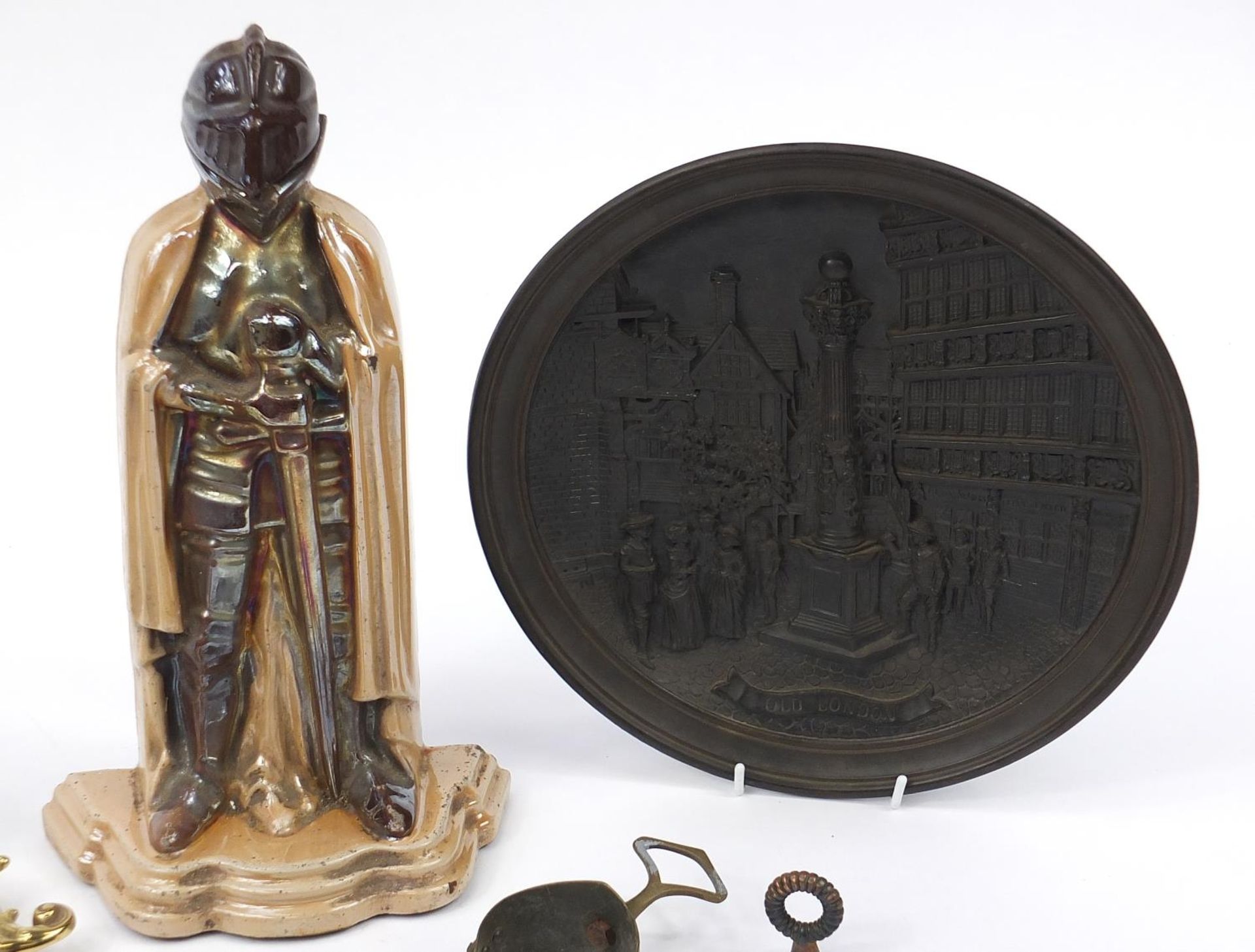 Sundry items including an ornate brass desk stand with glass inkwells and a knight fire companion - Image 4 of 5