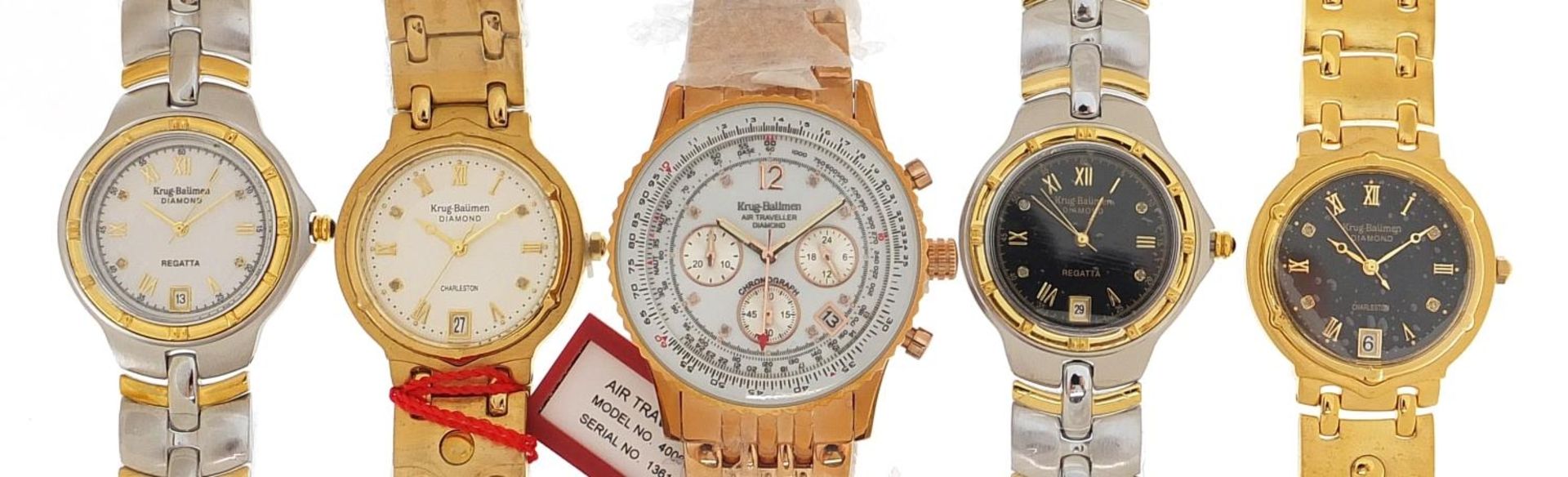 Five gentlemen's & Krug-Baumen diamond wristwatches with boxes comprising Air Traveller Diamond