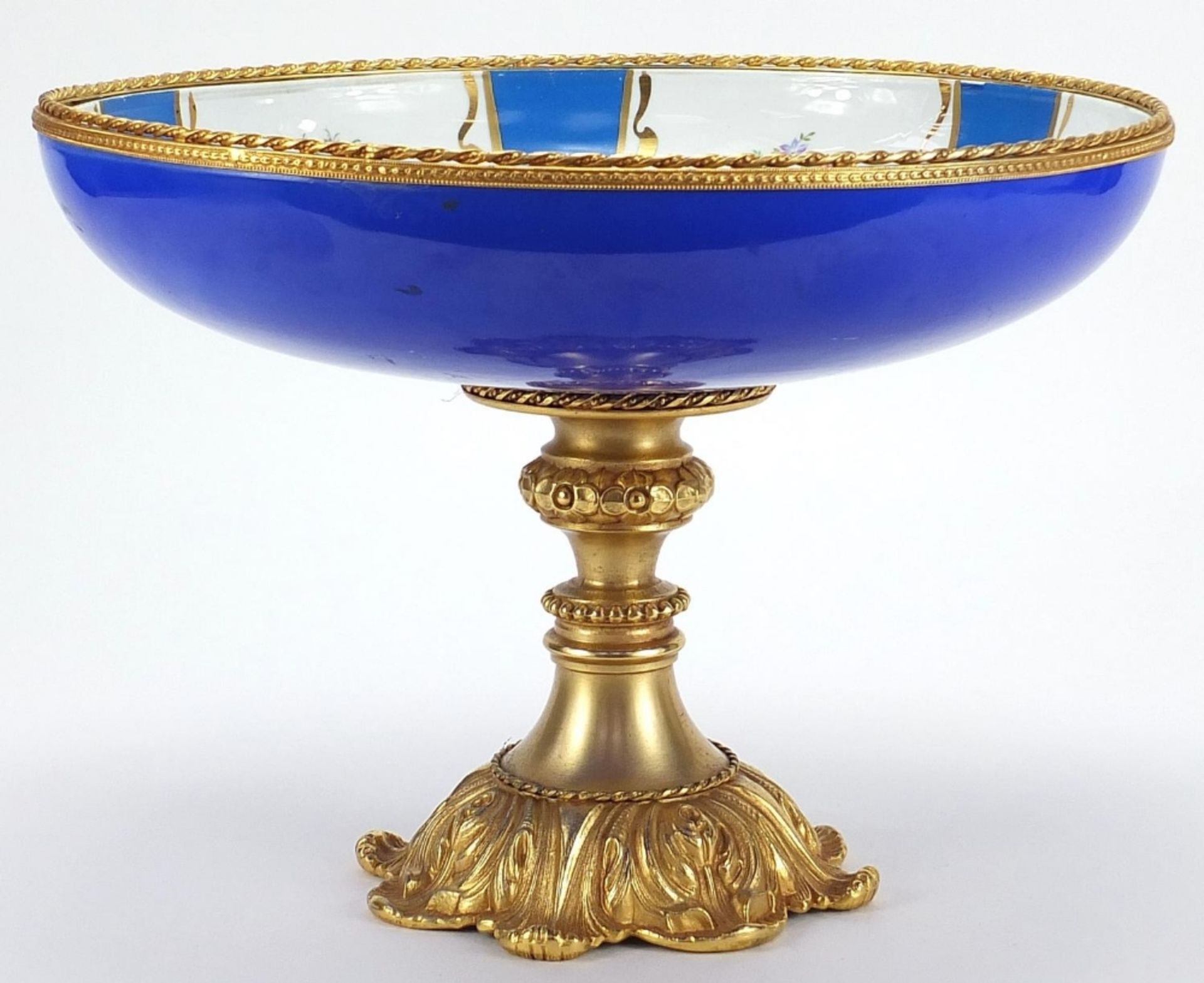 Large Italian classical gilt metal and porcelain pedestal centrepiece decorated with flowers, 25cm