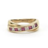 9ct gold ruby and diamond crossover half eternity ring, size J, 2.6g :For Further Condition