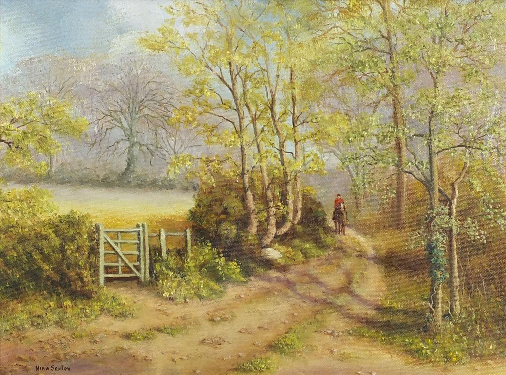 Nina Sexton - Moored at Fiddinghoe and Huntsmen in woodland, two oil on canvasses, the largest - Image 7 of 10