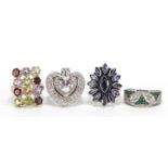 Four large silver semi precious stone rings, various sizes, total 34.5g :For Further Condition