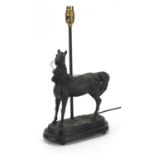 Patinated spelter horse design table lamp with ebonised base, 42cm high :For Further Condition