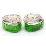 Lauren Victoria, pair of green cut glass love heart shaped boxes with sterling silver lids, 3.5cm