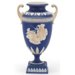 Large Adam's Jasperware vase with twin handles decorated in relief with a figure in a horse drawn