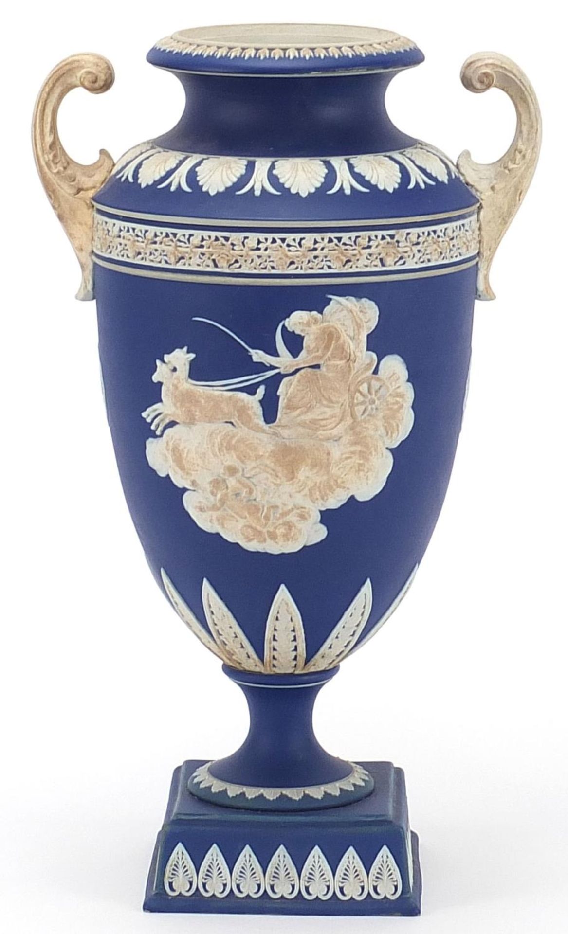 Large Adam's Jasperware vase with twin handles decorated in relief with a figure in a horse drawn
