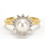 18ct gold pearl and diamond ring, size M, 4.4g :For Further Condition Reports Please Visit Our