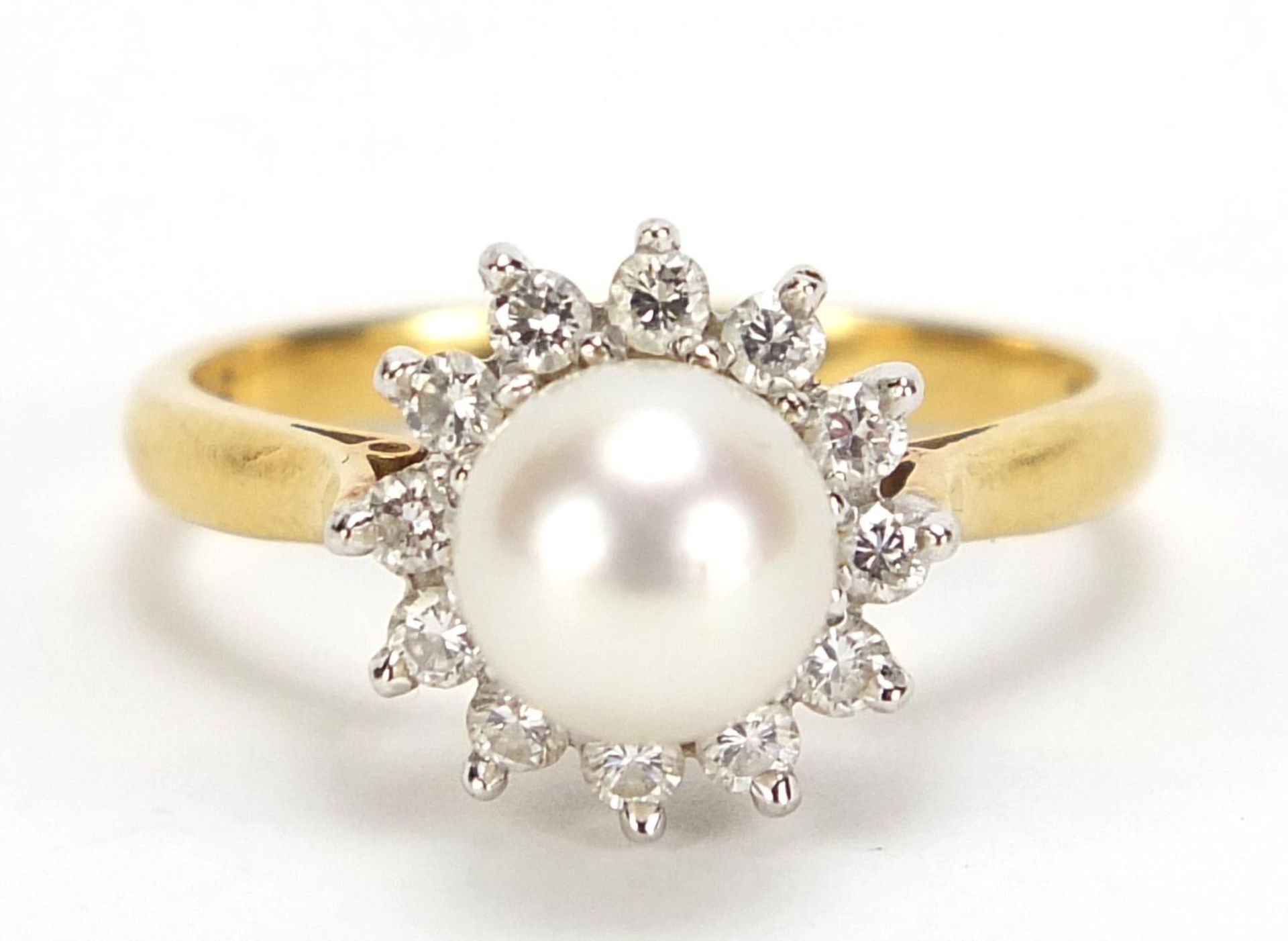 18ct gold pearl and diamond ring, size M, 4.4g :For Further Condition Reports Please Visit Our