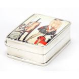 Rectangular sterling silver pill box, the hinged lid enamelled with an artist painting a nude