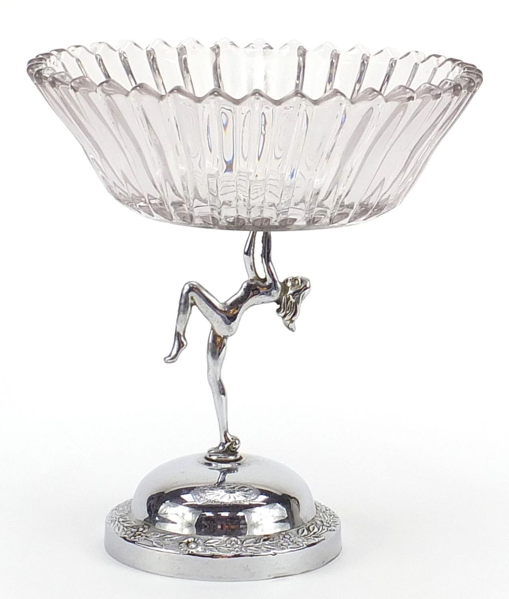 Art Deco chrome and glass centrepiece with nude female support, 25.5cm high x 23cm in diameter : - Image 2 of 4