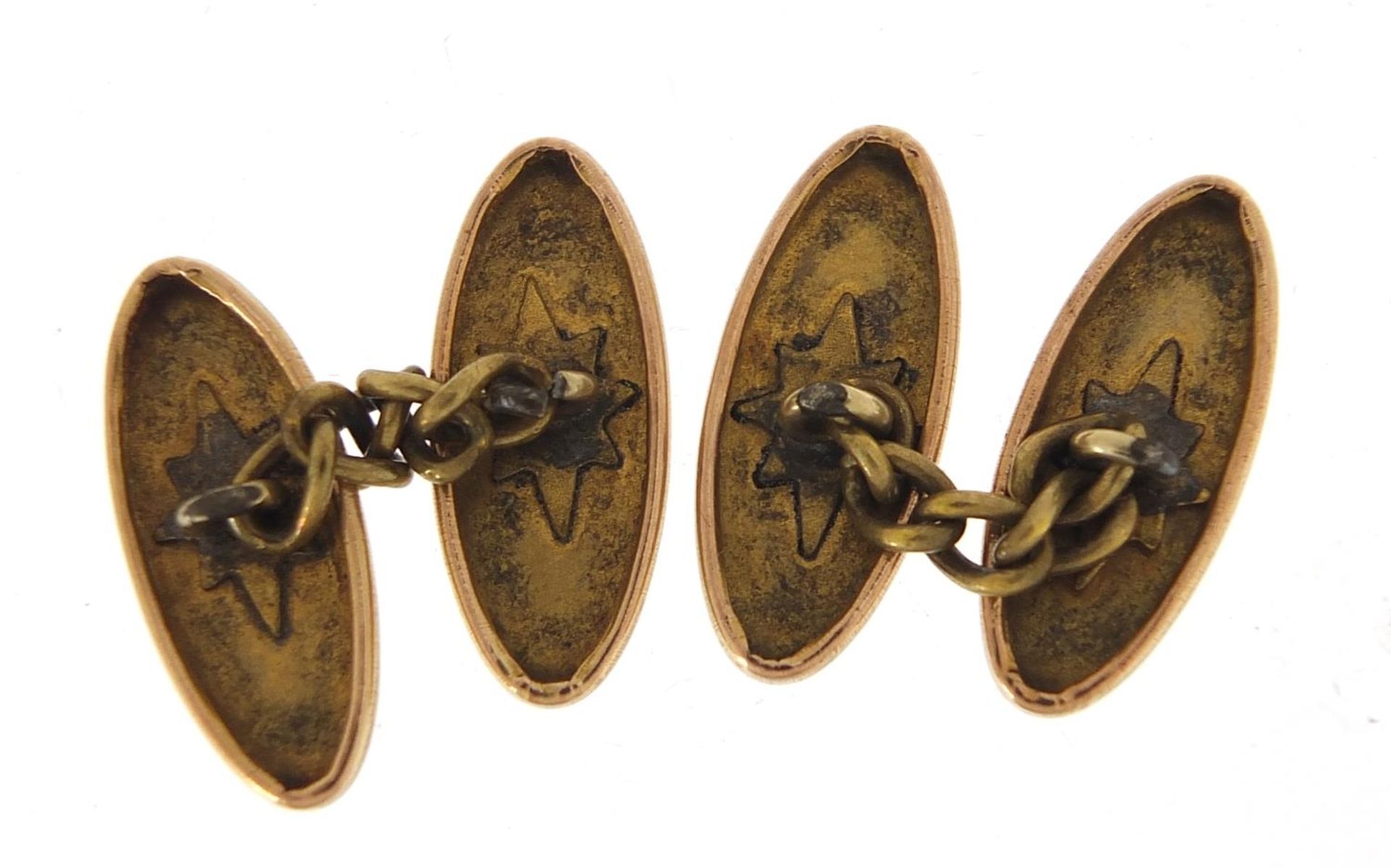 Pair of 9ct gold cufflinks with engraved decoration housed in a velvet and silk lined fitted box, - Image 2 of 5