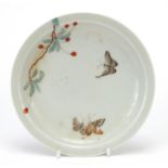 Good Chinese porcelain dish finely hand painted with butterflies amongst blossoming berry trees, six