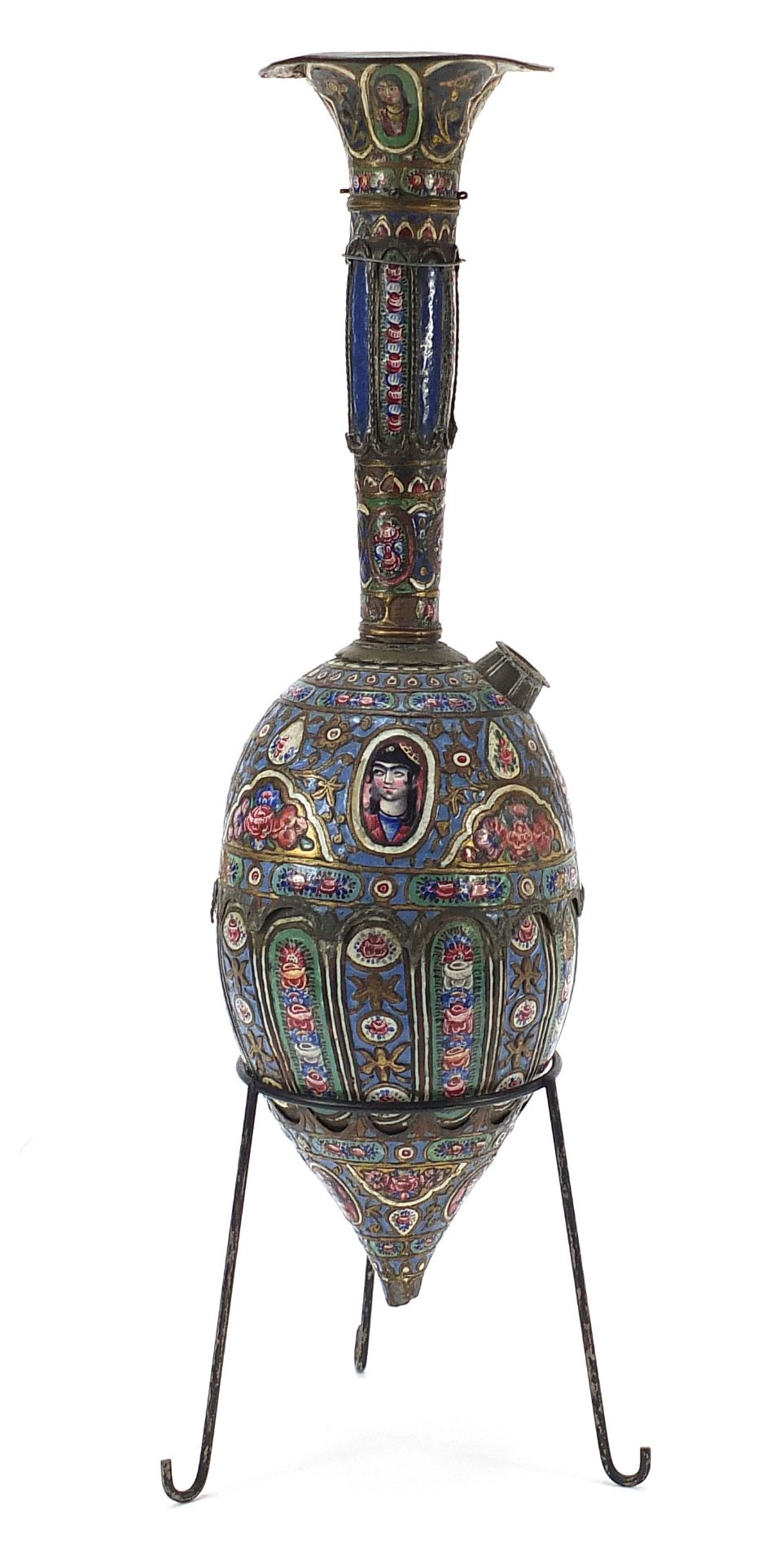19th century Persian Qajar enamelled hookah on stand with mouthpiece and pear shaped reservoir, - Image 6 of 11