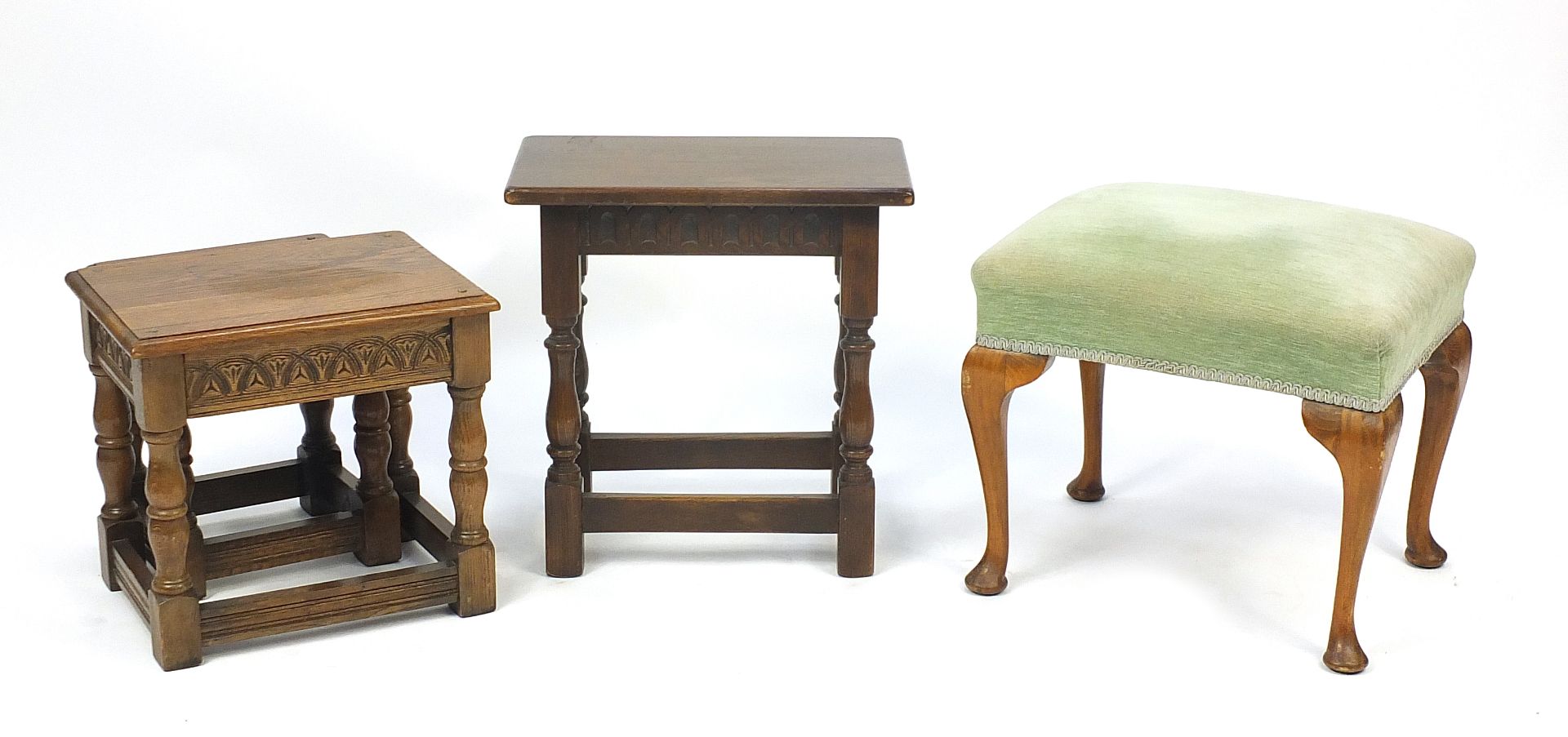 Occasional furniture comprising nest of two oak tables, oak stool and a mahogany framed stool, the - Image 3 of 3