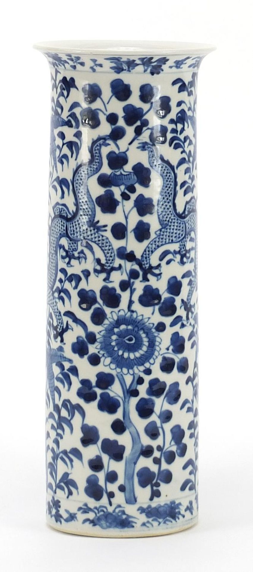 Large Chinese blue and white porcelain cylindrical vase hand painted with two dragons amongst - Image 3 of 8