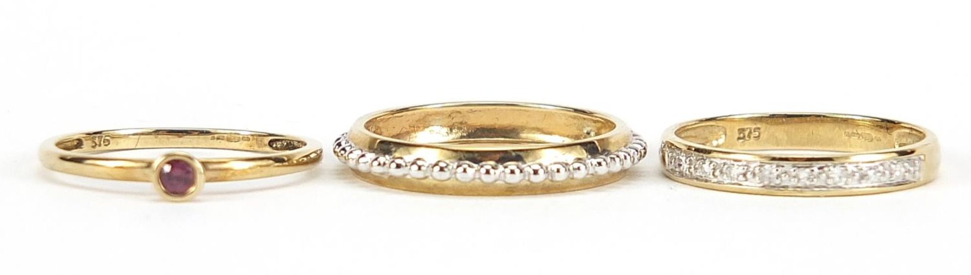 9ct gold diamond and garnet engagement, half eternity and eternity rings, size L, 3.9g :For