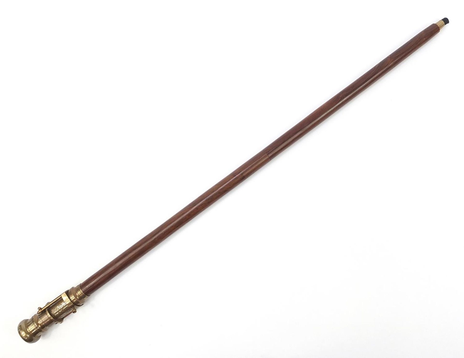 Hardwood walking stick with brass two draw telescope and compass pommel, 96cm in length :For Further - Image 9 of 9