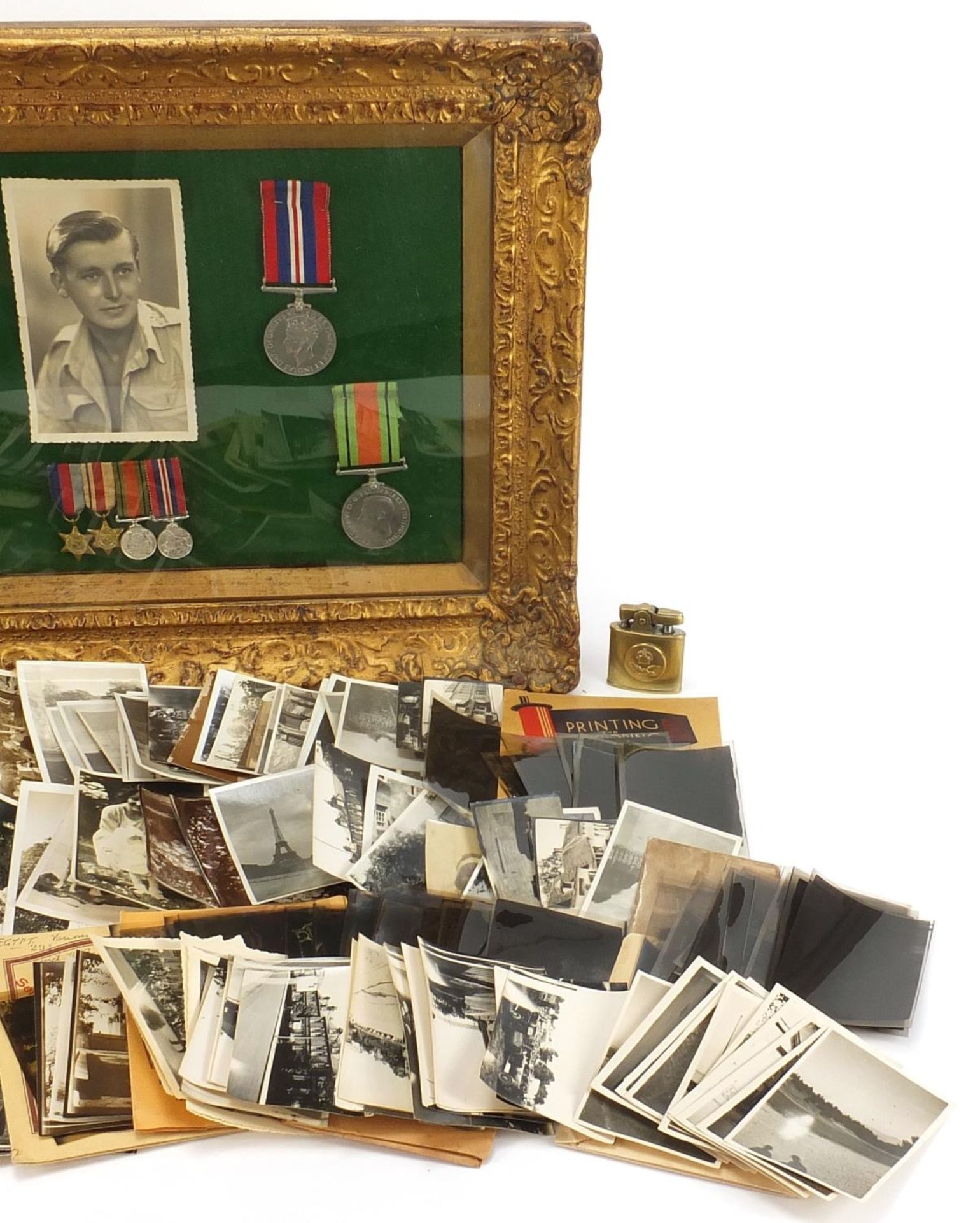 British military World War II militaria including a framed four medal group with dress medals, - Image 3 of 7