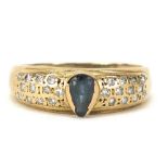 9ct gold tear drop sapphire and diamond ring, size F, 1.2g :For Further Condition Reports Please