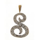 Unmarked white metal initial S pendant set with clear stones, 3cm high, 2.7g :For Further