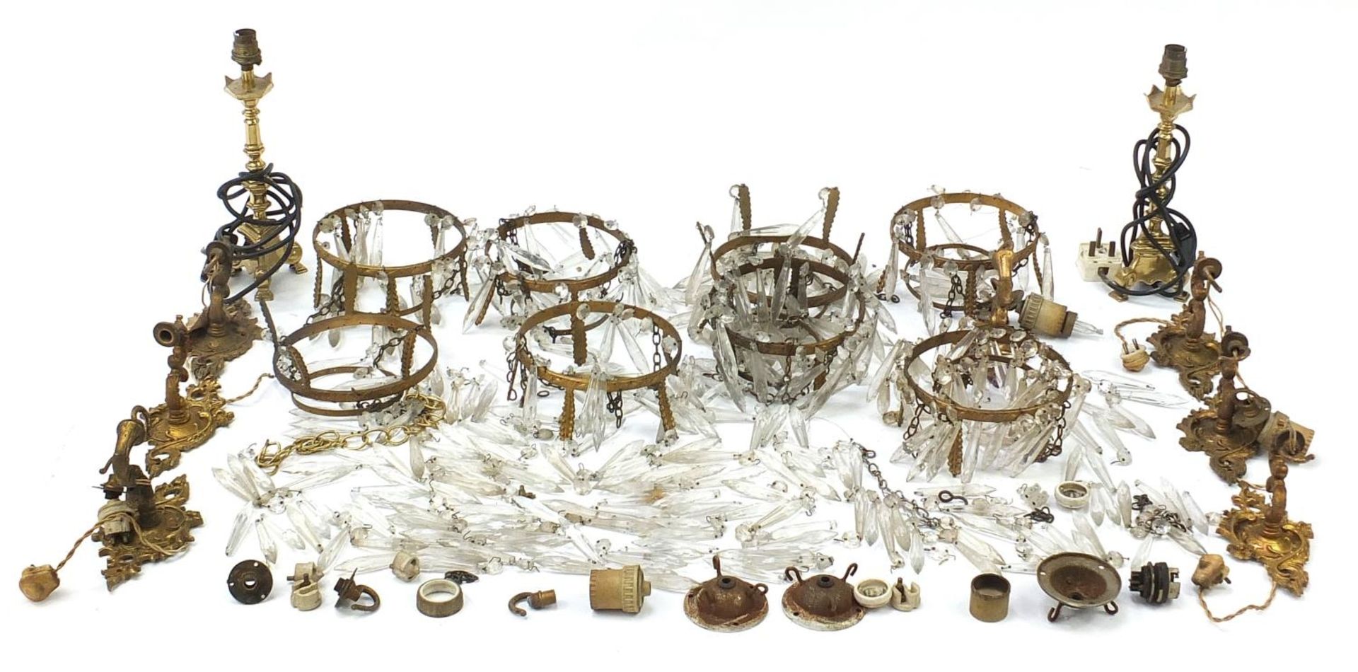 Collection of gilt metal bag chandeliers and fittings with cut glass drops and a pair of Pullman