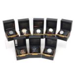 Eight gentlemen's Akribos XXIV wristwatches with boxes models AK744BU, AK736GLM, The Mercer