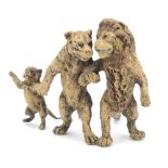 Cold painted bronze lion family in the style of Franz Xaver Bergmann, 9cm wide :For Further