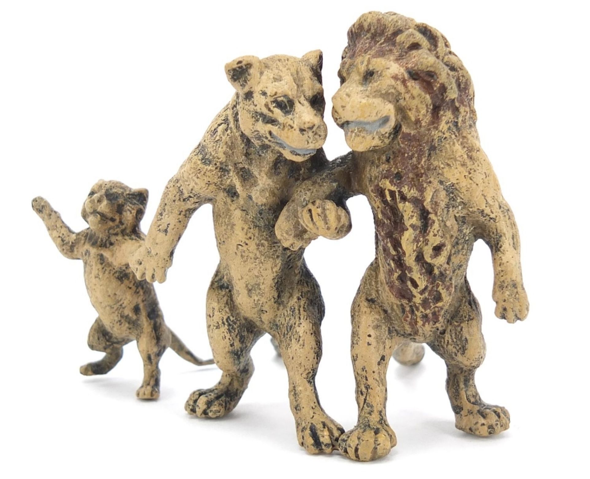 Cold painted bronze lion family in the style of Franz Xaver Bergmann, 9cm wide :For Further