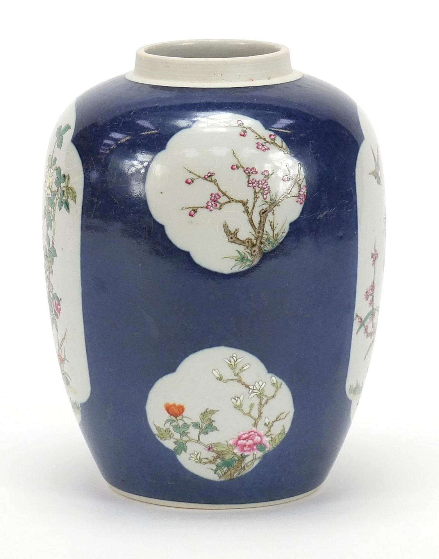 Chinese powder blue ground porcelain ginger jar hand painted in the famille rose palette with panels - Image 6 of 10