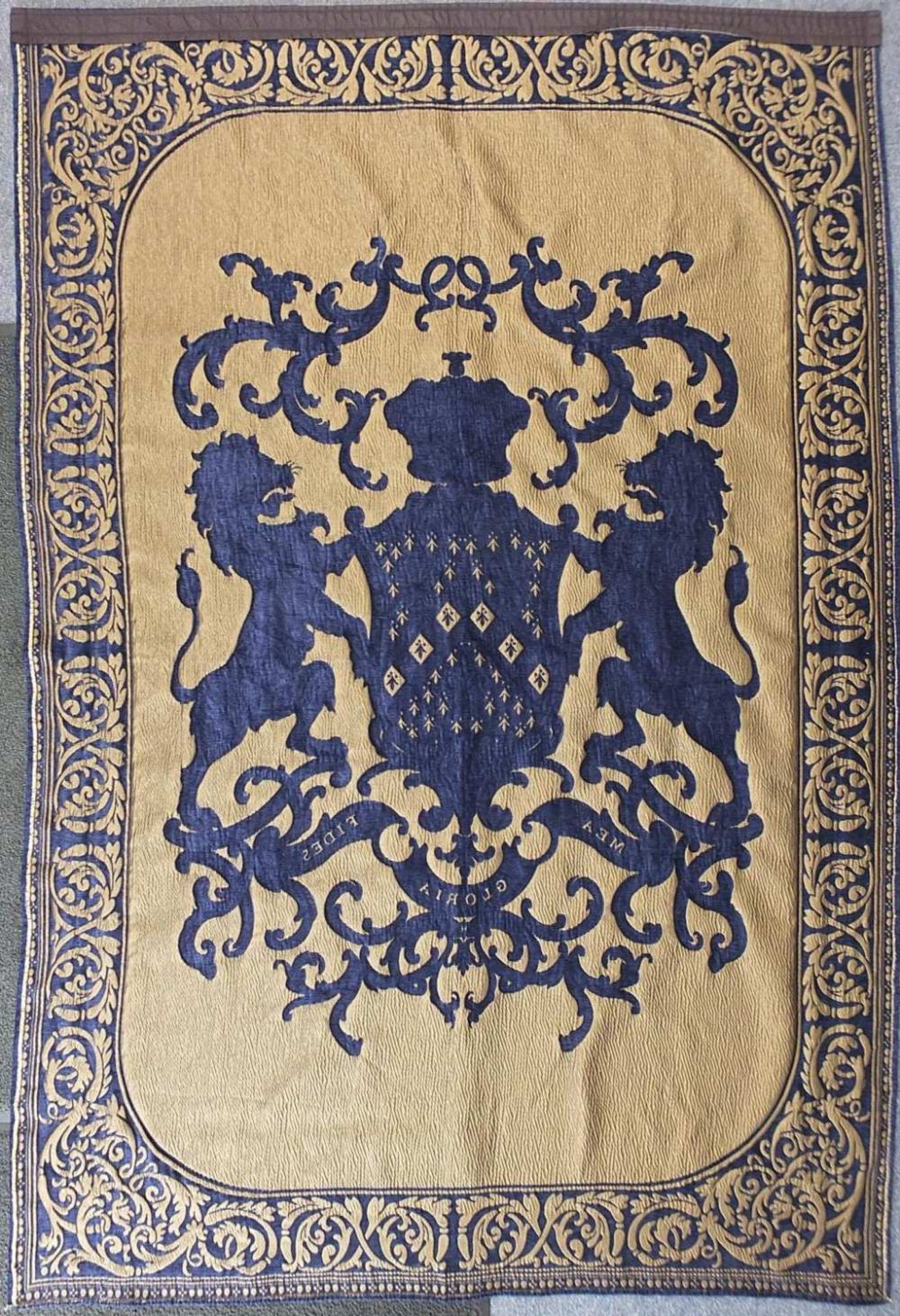 Large tapestry embroidered with a coat of arms, 243cm x 155cm :For Further Condition Reports - Image 4 of 4