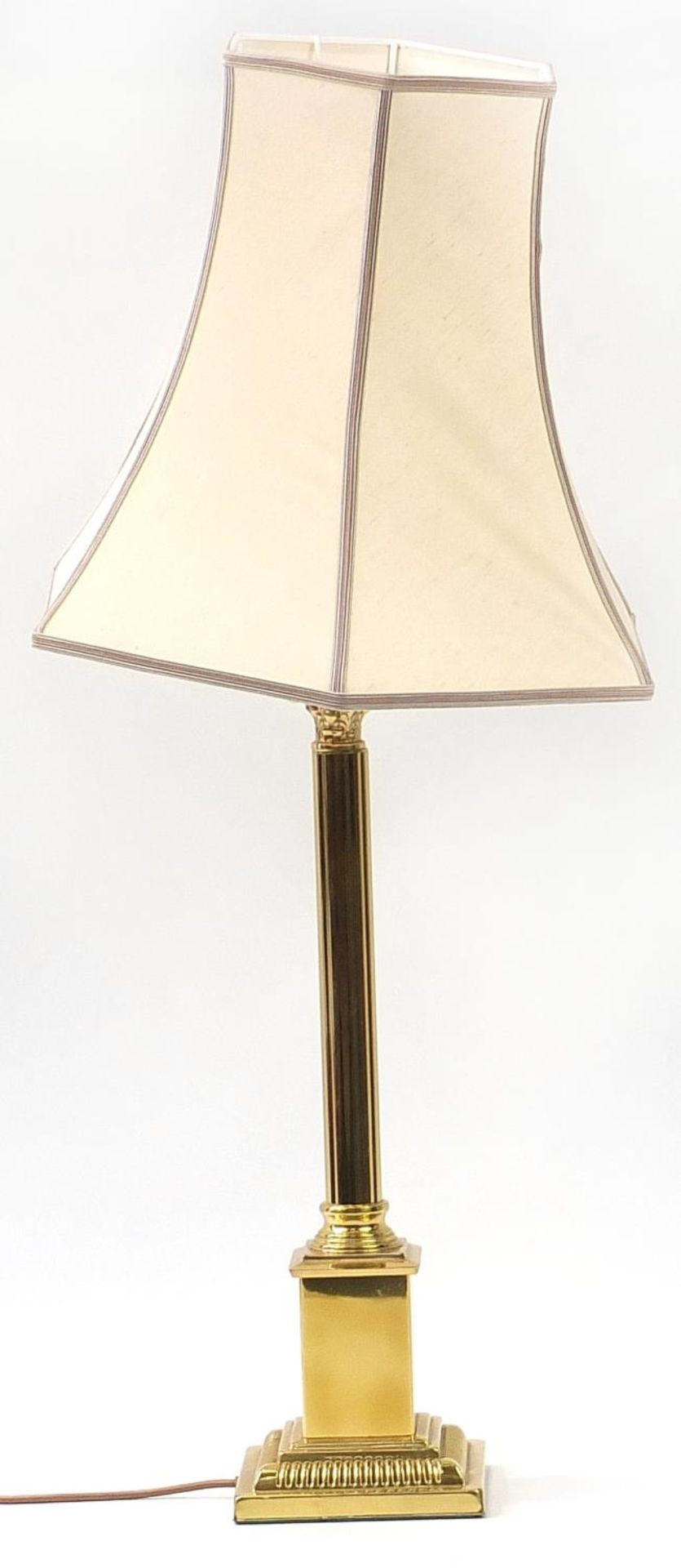 Brass Corinthian column table lamp with silk lined shade, 95cm high :For Further Condition Reports - Image 2 of 2