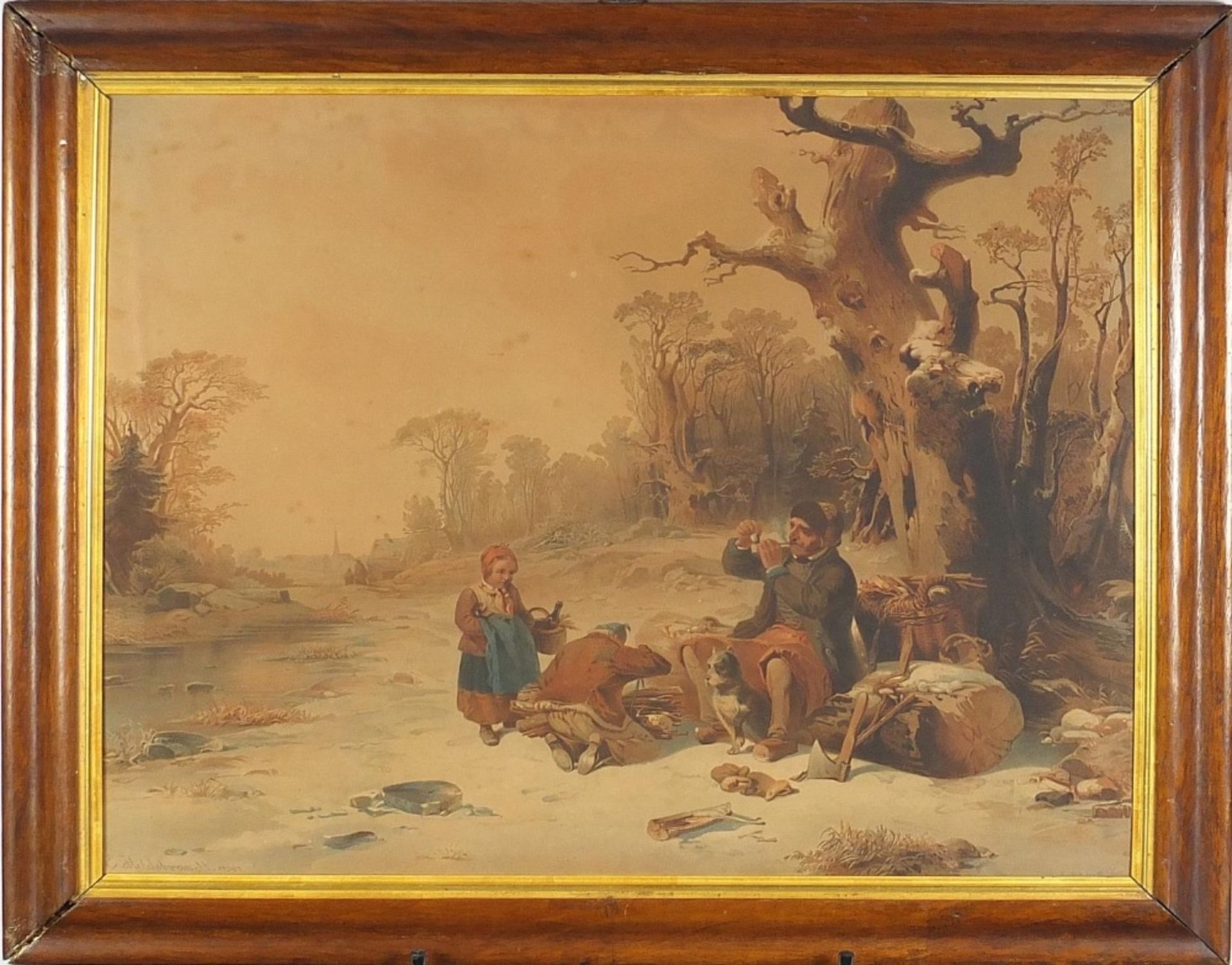After E Hildebrandt - Three figures around a camp fire, 19th century chromolithograph, mounted, - Image 2 of 5