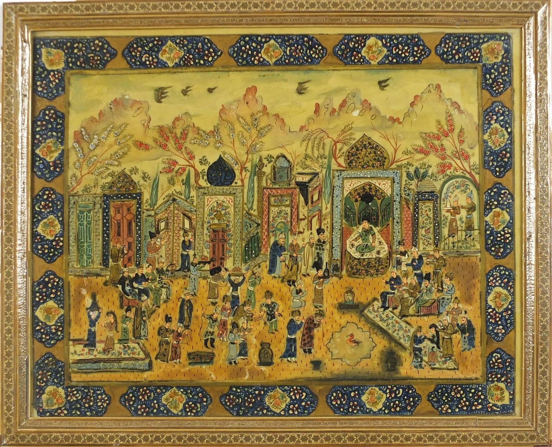 Figures praying, Islamic watercolour and mixed media housed in a Vizagapatam style frame, overall - Image 2 of 3