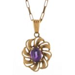9ct gold amethyst pendant on a 9ct gold necklace, 2.5cm high and 44cm in length, 3.2g :For Further
