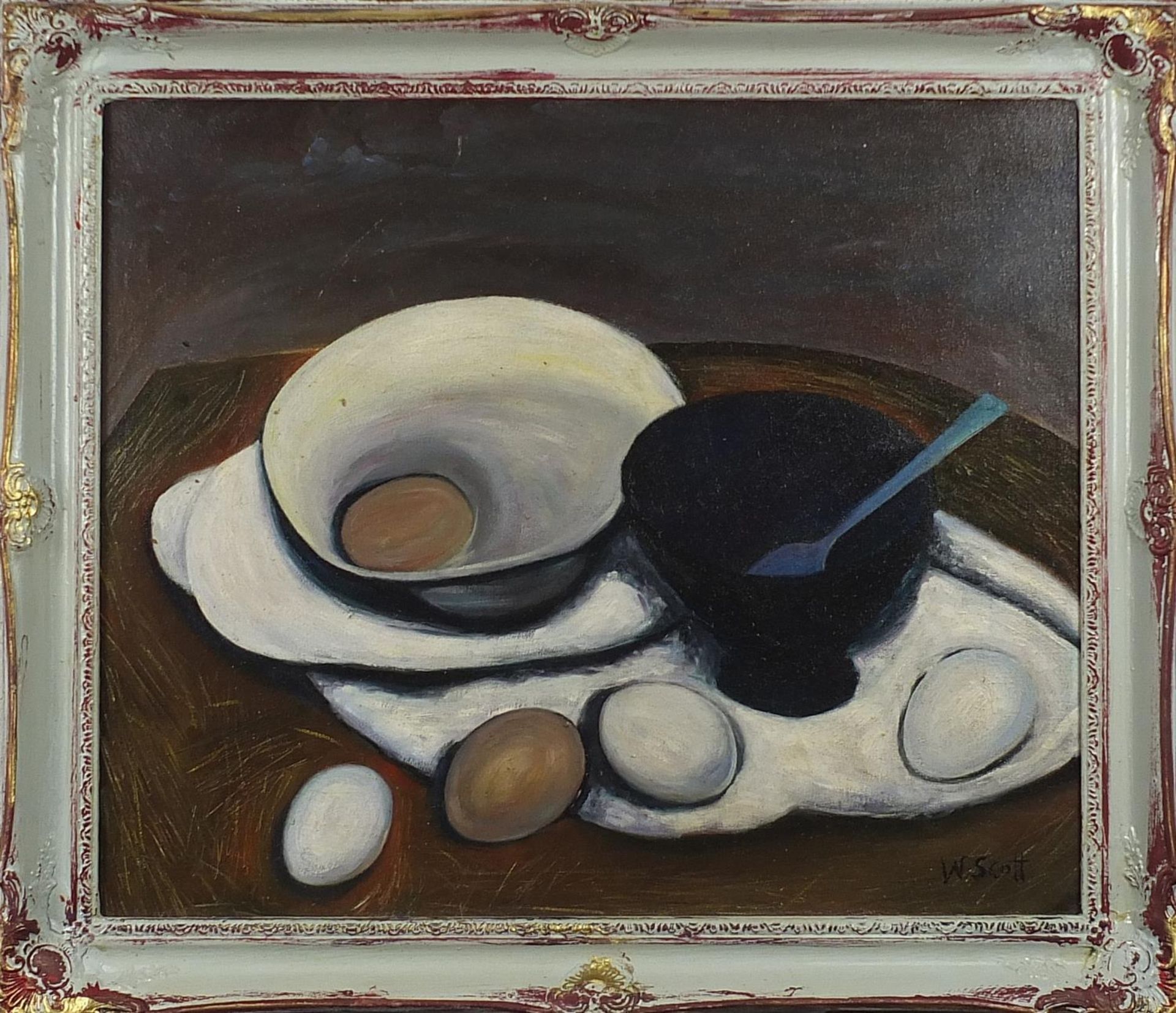 Still life vessels and eggs, Modern British oil on board, mounted and framed, 59.5cm x 49.5cm - Image 2 of 4