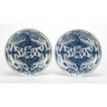 Pair of Chinese blue and white porcelain dishes hand painted with phoenixes amongst clouds, each